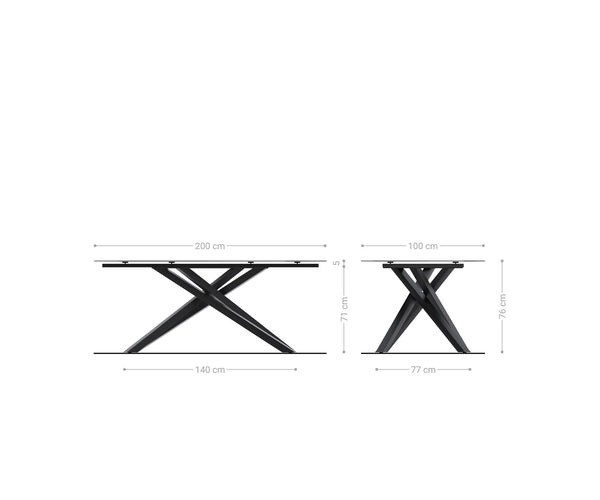 Dining Table Aurora 200x100cm Glass Black Cross Frame Black