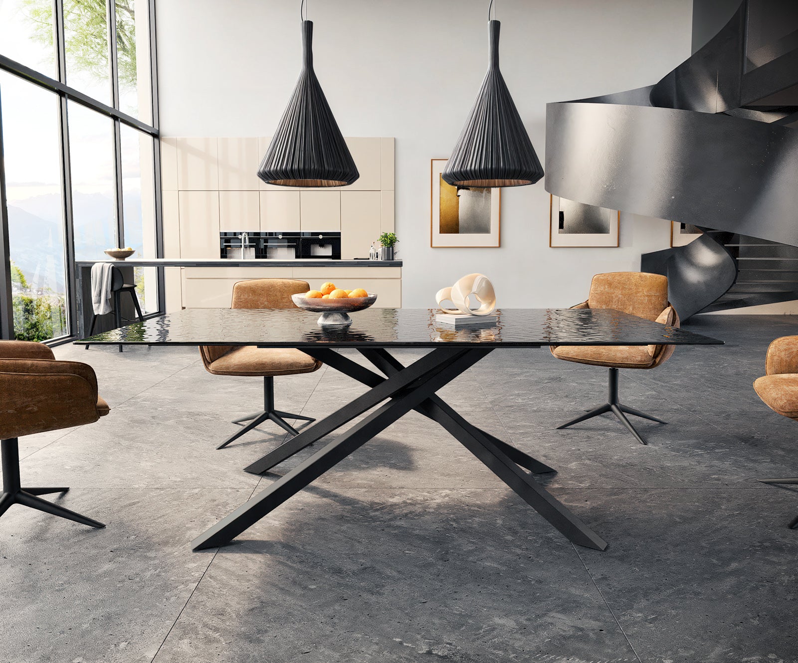 Dining Table Aurora 200x100cm Glass Black Cross Frame Black