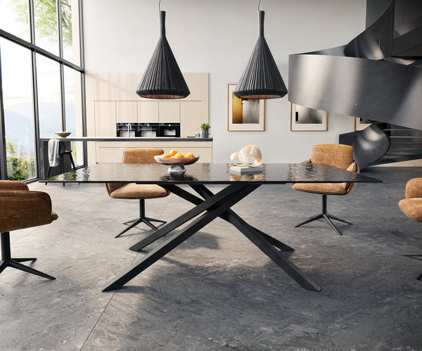 Dining Table Aurora 200x100cm Glass Black Cross Frame Black