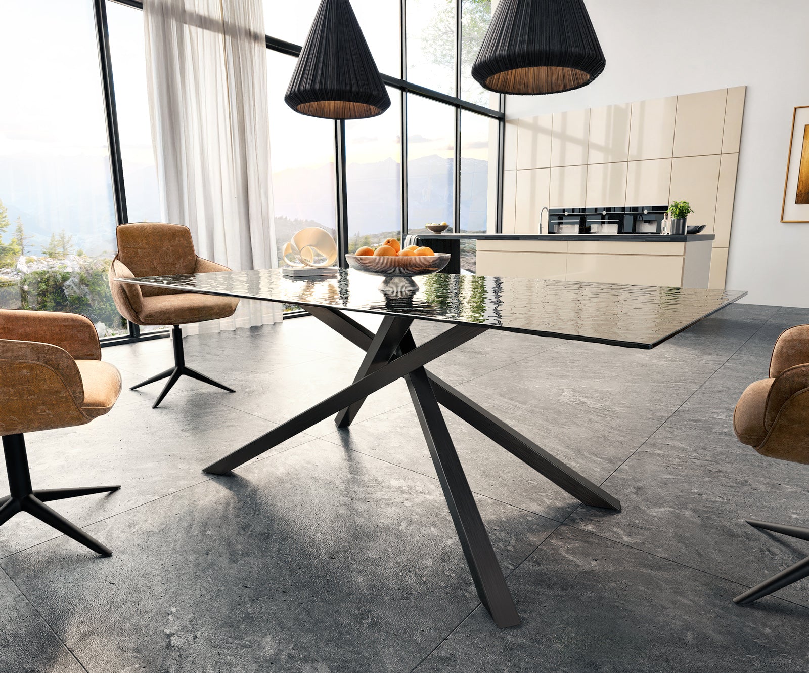Dining Table Aurora 200x100cm Glass Black Cross Frame Black