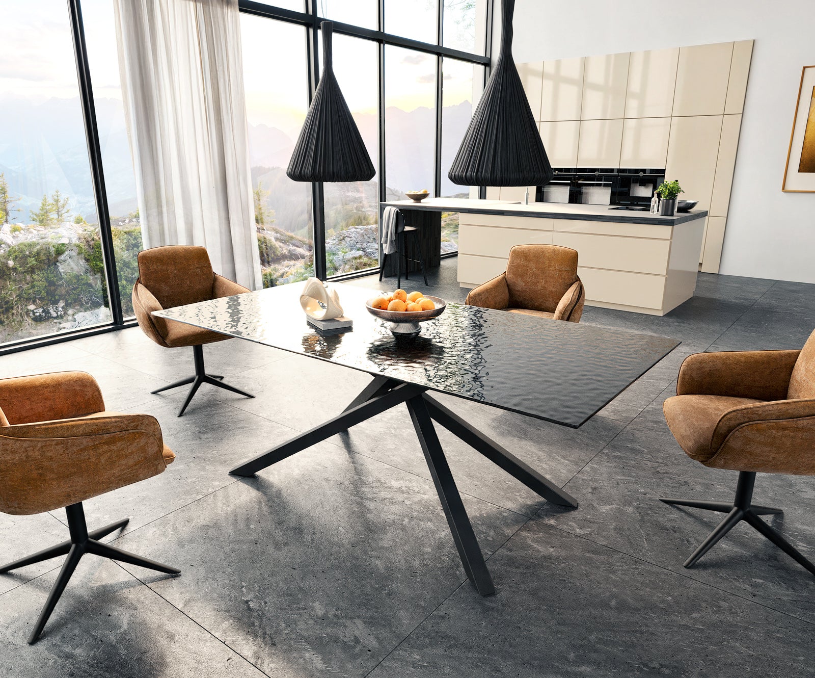 Dining Table Aurora 200x100cm Glass Black Cross Frame Black
