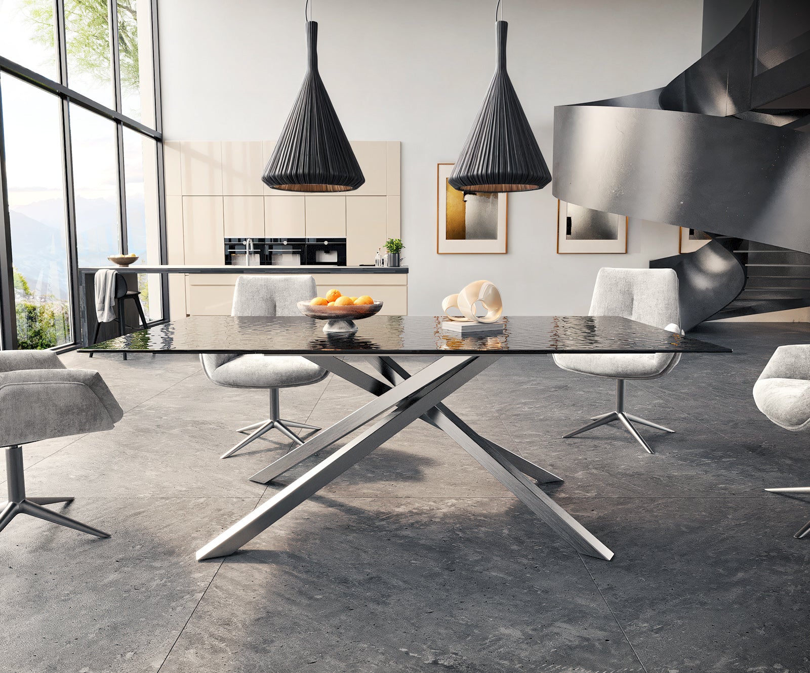 Dining Table Aurora 200x100cm Glass Black Cross Frame Silver