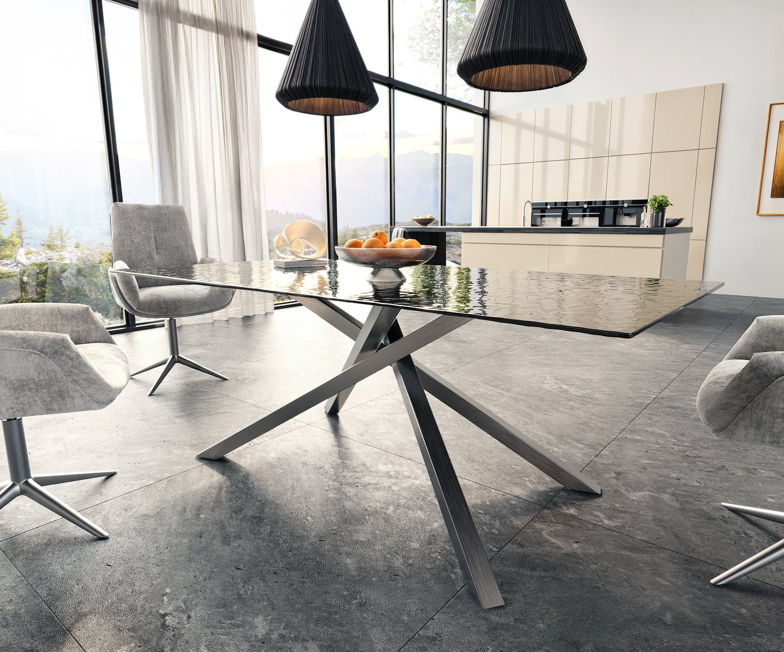 Dining Table Aurora 200x100cm Glass Black Cross Frame Silver