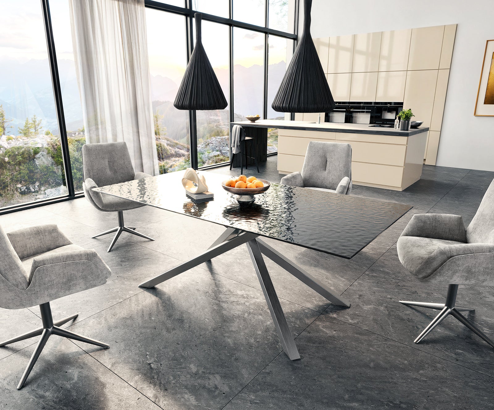 Dining Table Aurora 200x100cm Glass Black Cross Frame Silver