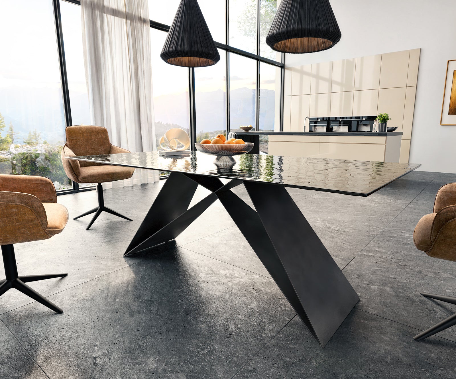 Dining Table Aurora 200x100cm Glass Black V-Frame Black