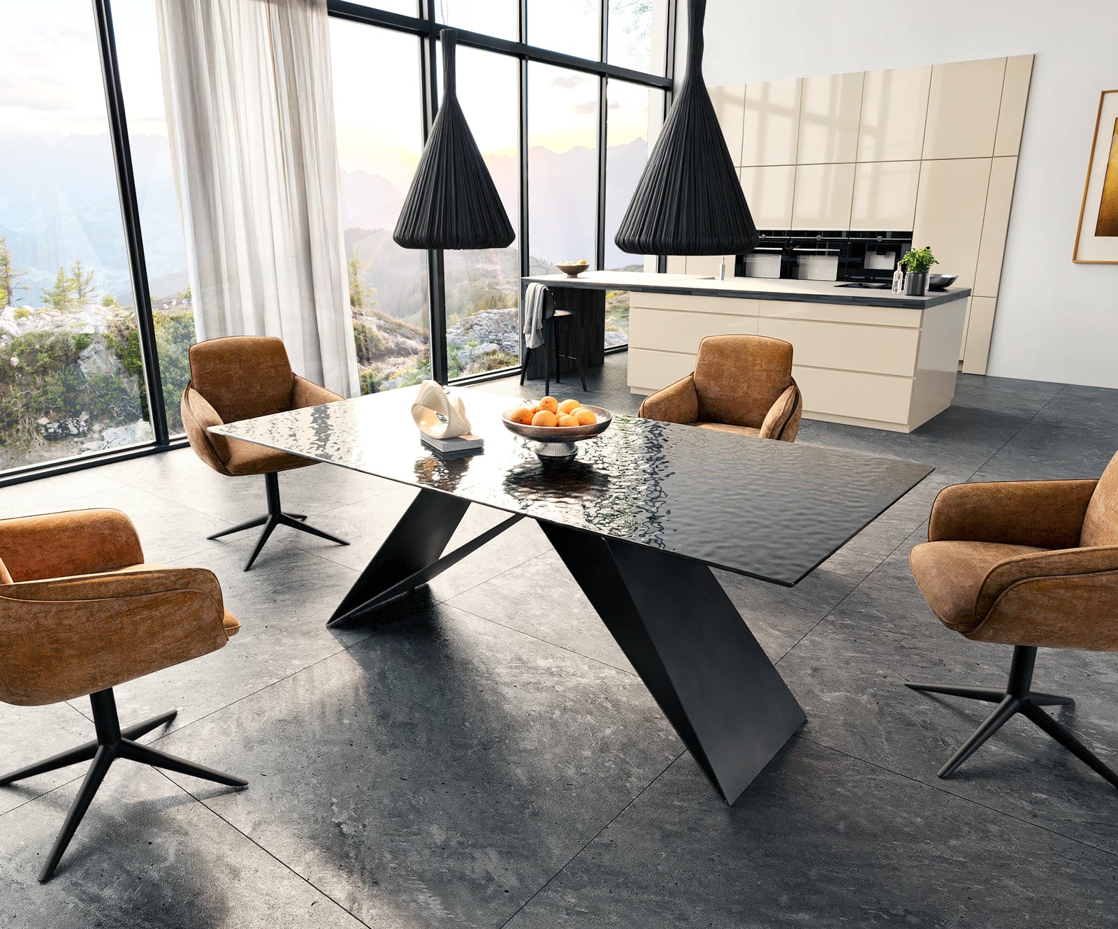 Dining Table Aurora 200x100cm Glass Black V-Frame Black