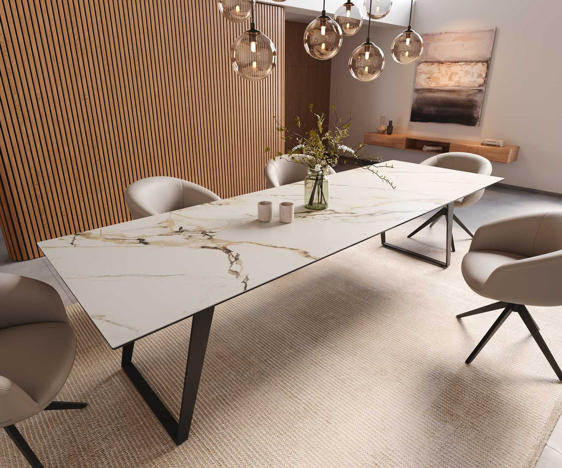 Dining Table Aurora 300x100cm Ceramic Calacatta Luxe Gold Slanted Frame Black