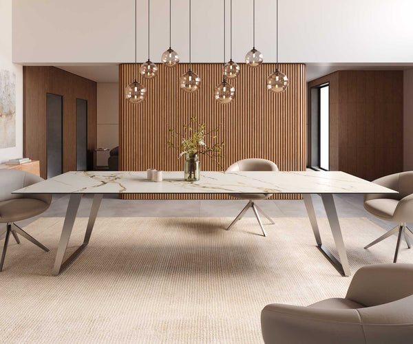 Dining Table Aurora 300x100cm Ceramic Gold Slanted Frame Silver