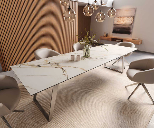 Dining Table Aurora 300x100cm Ceramic Gold Slanted Frame Silver