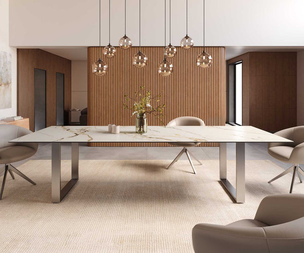 Dining Table Aurora 300x100cm Ceramic Calacatta Luxe Gold Square Frame Slim Silver