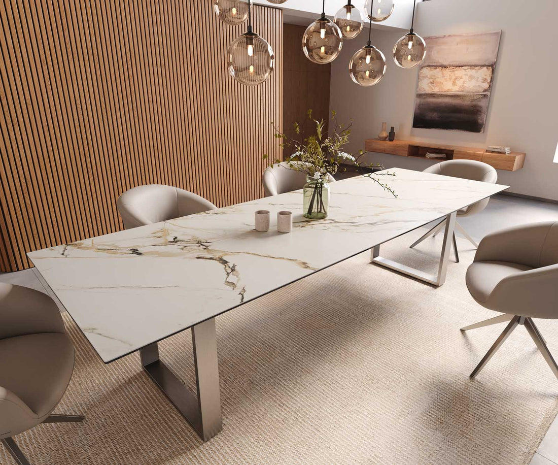Dining Table Aurora 300x100cm Ceramic Calacatta Luxe Gold Square Frame Slim Silver