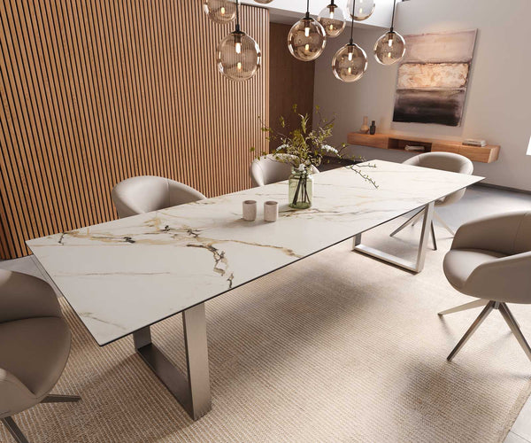 Dining Table Aurora 300x100cm Ceramic Gold Square Frame Slim Silver