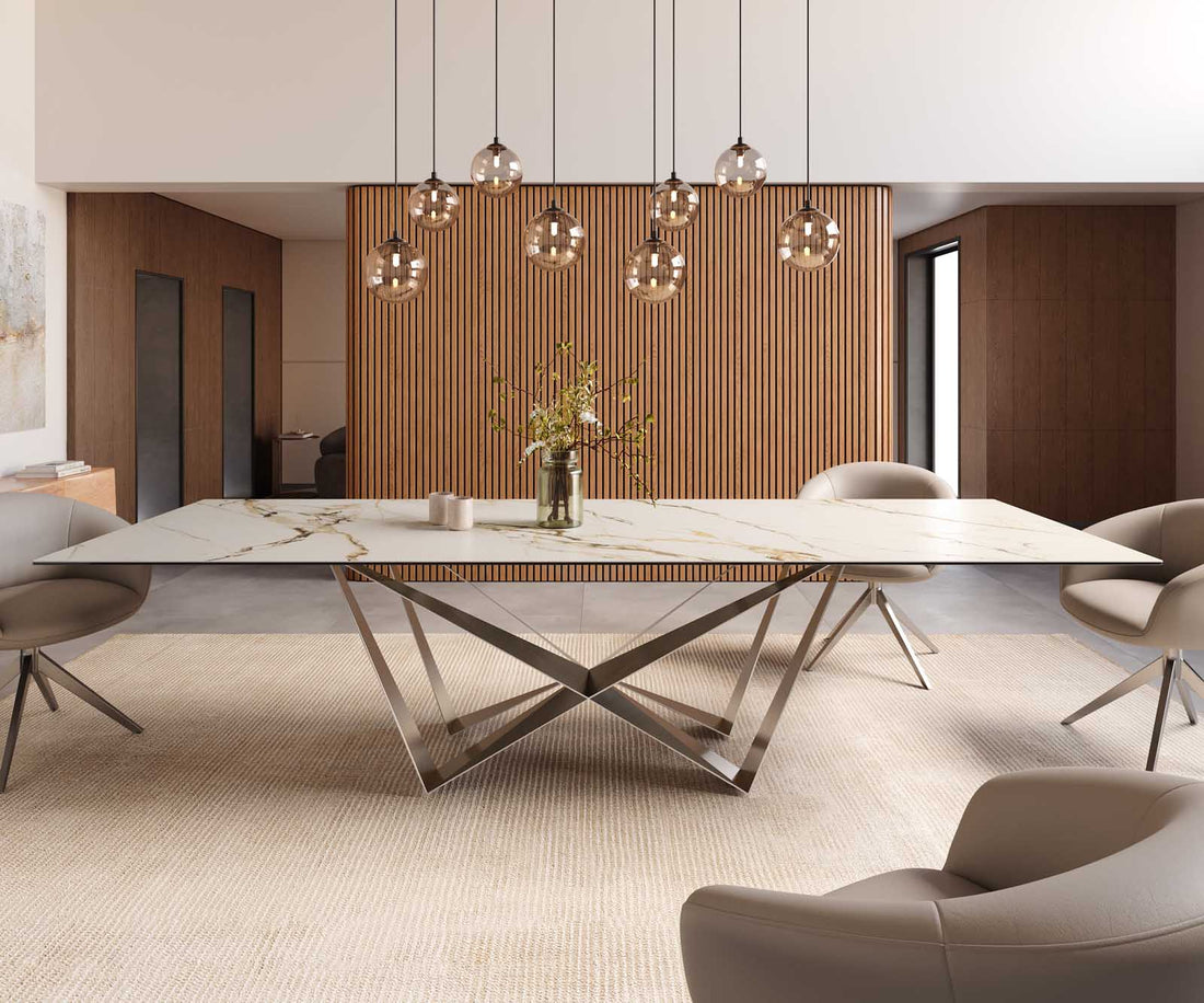 Dining Table Aurora 300x100cm Ceramic Calacatta Luxe Gold Spider Frame Silver