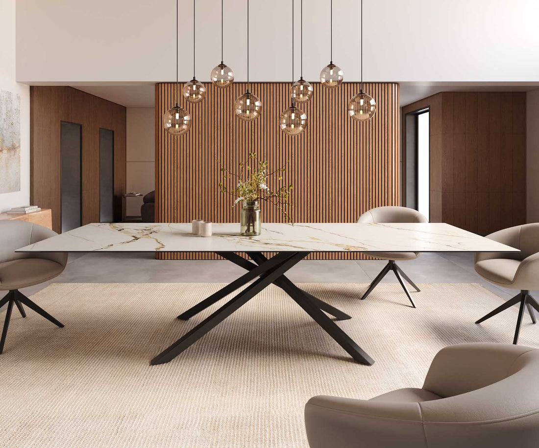 Dining Table Aurora 300x100cm Ceramic Calacatta Luxe Gold Cross Frame Black