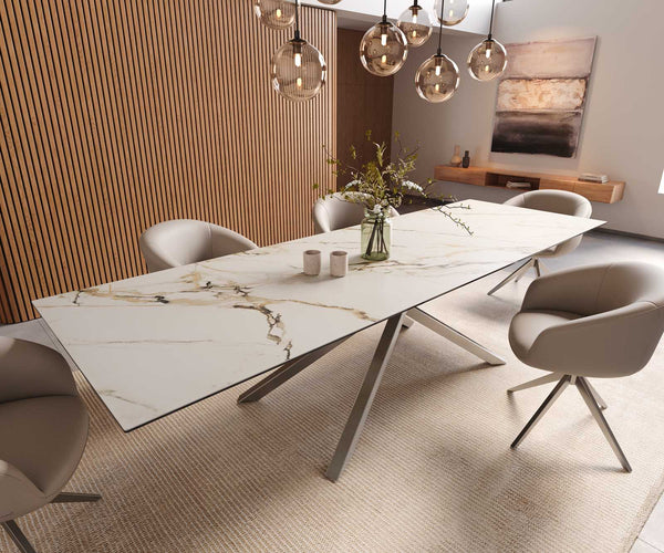 Dining Table Aurora 300x100cm Ceramic Gold Cross Frame Silver