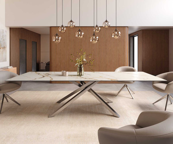 Dining Table Aurora 300x100cm Ceramic Gold Cross Frame Silver