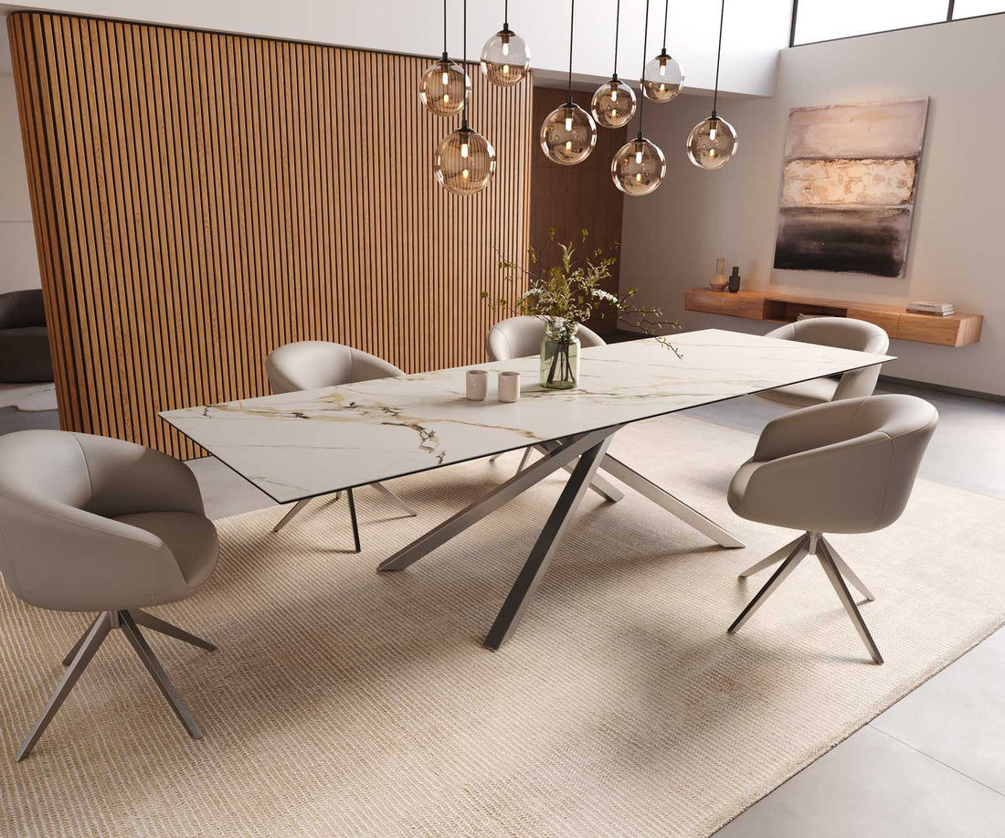 Dining Table Aurora 300x100cm Ceramic Calacatta Luxe Gold Cross Frame Silver