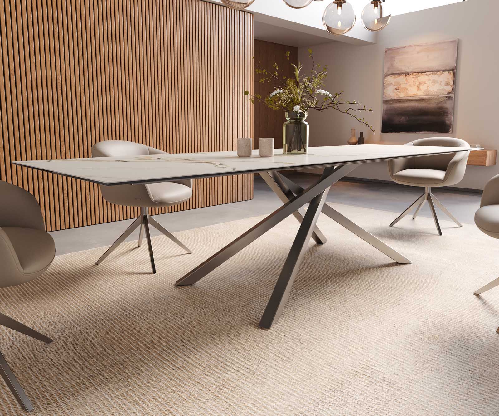 Dining Table Aurora 300x100cm Ceramic Gold Cross Frame Silver