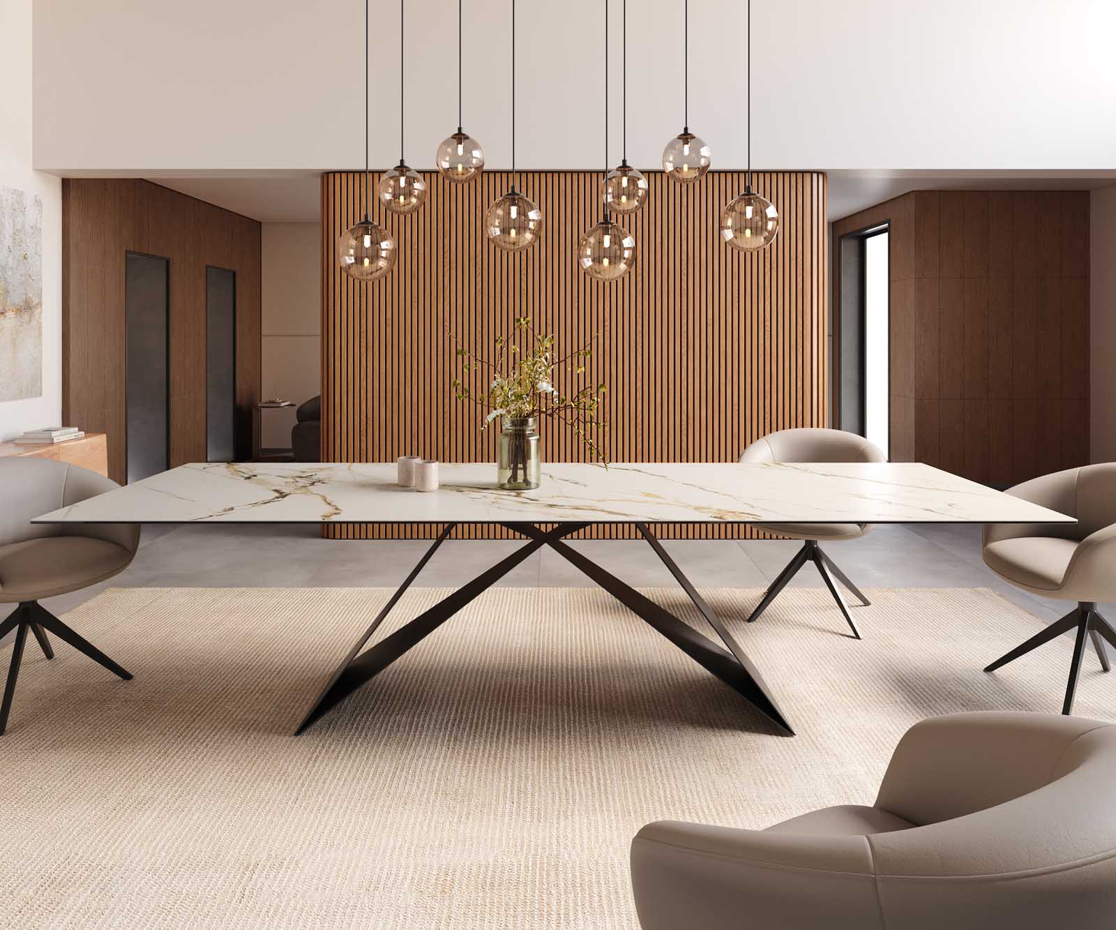 Dining Table Aurora 300x100cm Ceramic Gold V-Frame Black
