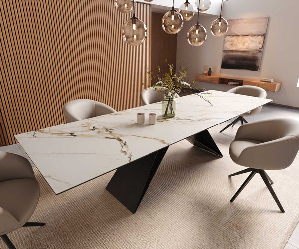Dining Table Aurora 300x100cm Ceramic Gold V-Frame Black