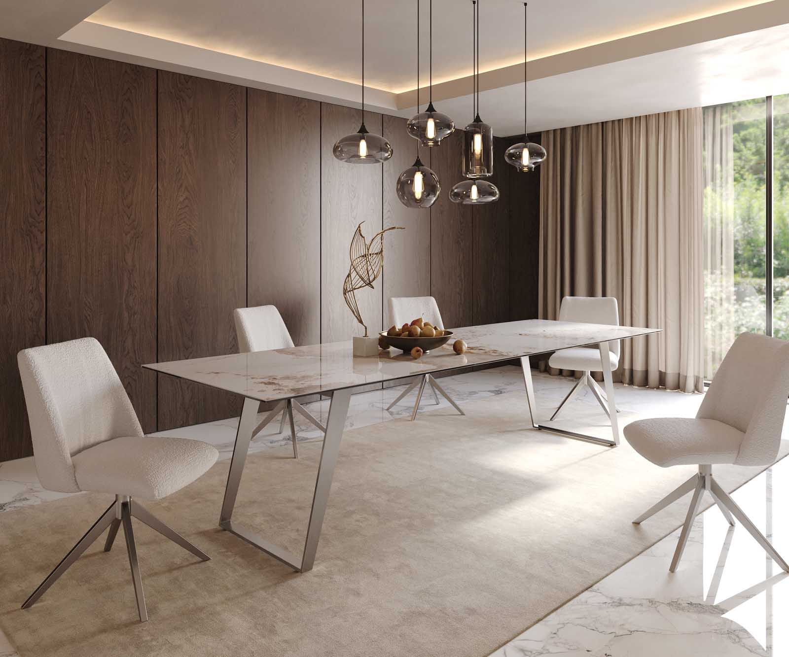 Dining Table Aurora 300x100cm Ceramic Beige Slanted Frame Silver