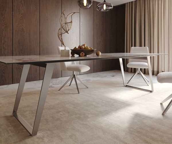 Dining Table Aurora 300x100cm Ceramic Beige Slanted Frame Silver