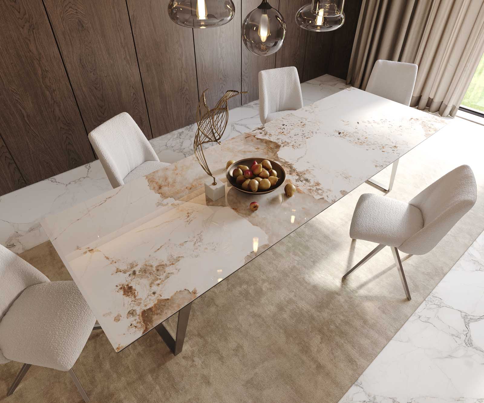 Dining Table Aurora 300x100cm Ceramic Beige Slanted Frame Silver