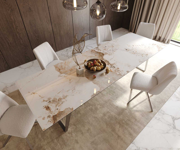 Dining Table Aurora 300x100cm Ceramic Beige Slanted Frame Silver