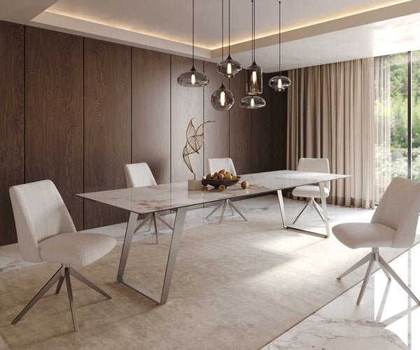 Dining Table Aurora 300x100cm Ceramic Beige Slanted Frame Silver