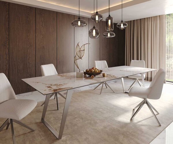 Dining Table Aurora 300x100cm Ceramic Beige Slanted Frame Silver