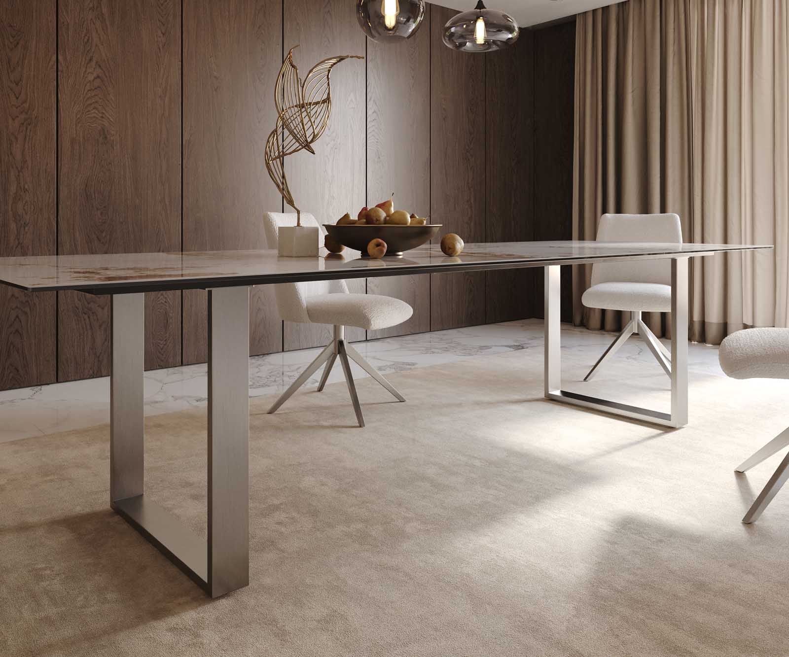 Dining Table Aurora 300x100cm Ceramic Beige Square Frame Slim Silver