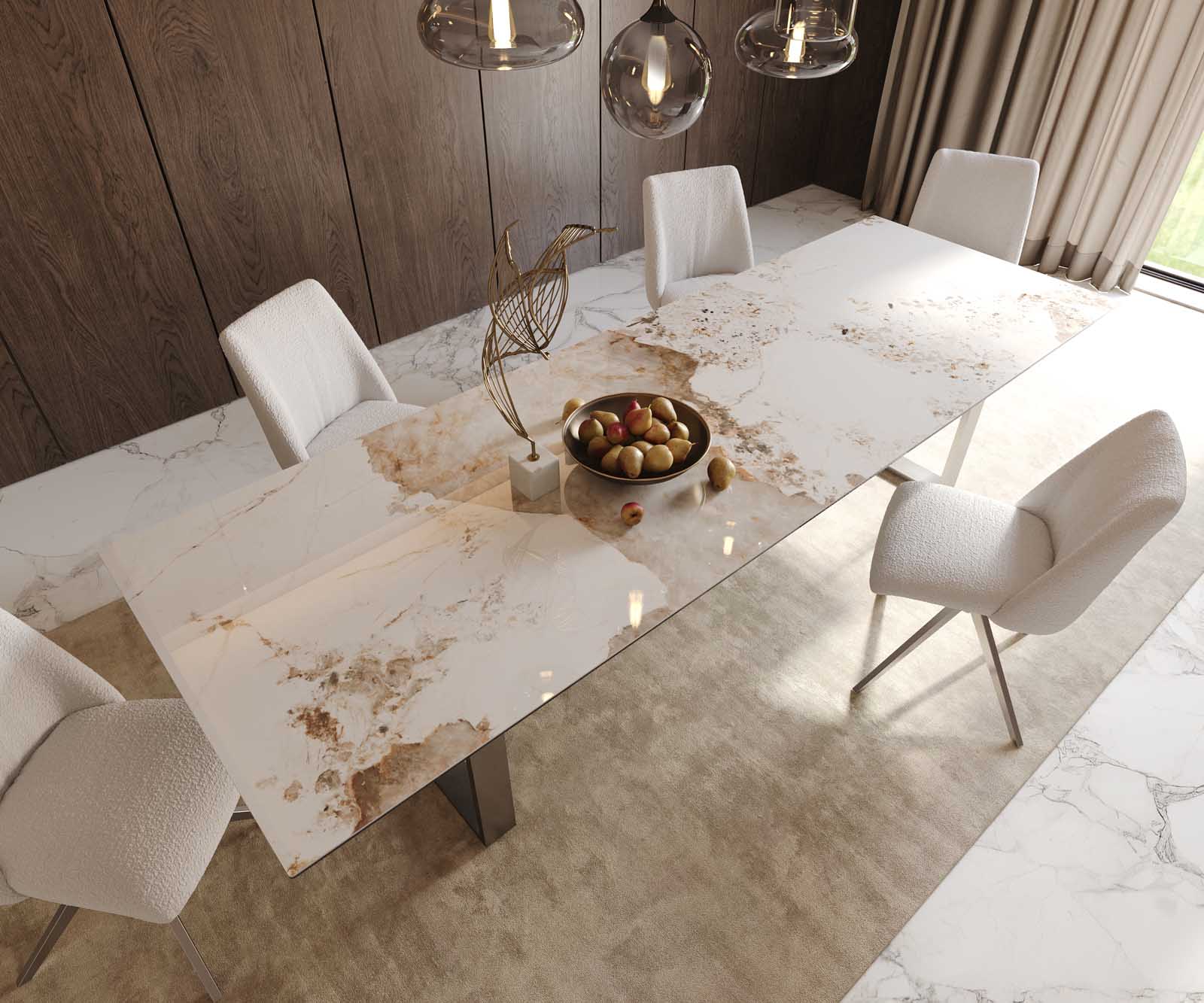 Dining Table Aurora 300x100cm Ceramic Beige Square Frame Slim Silver