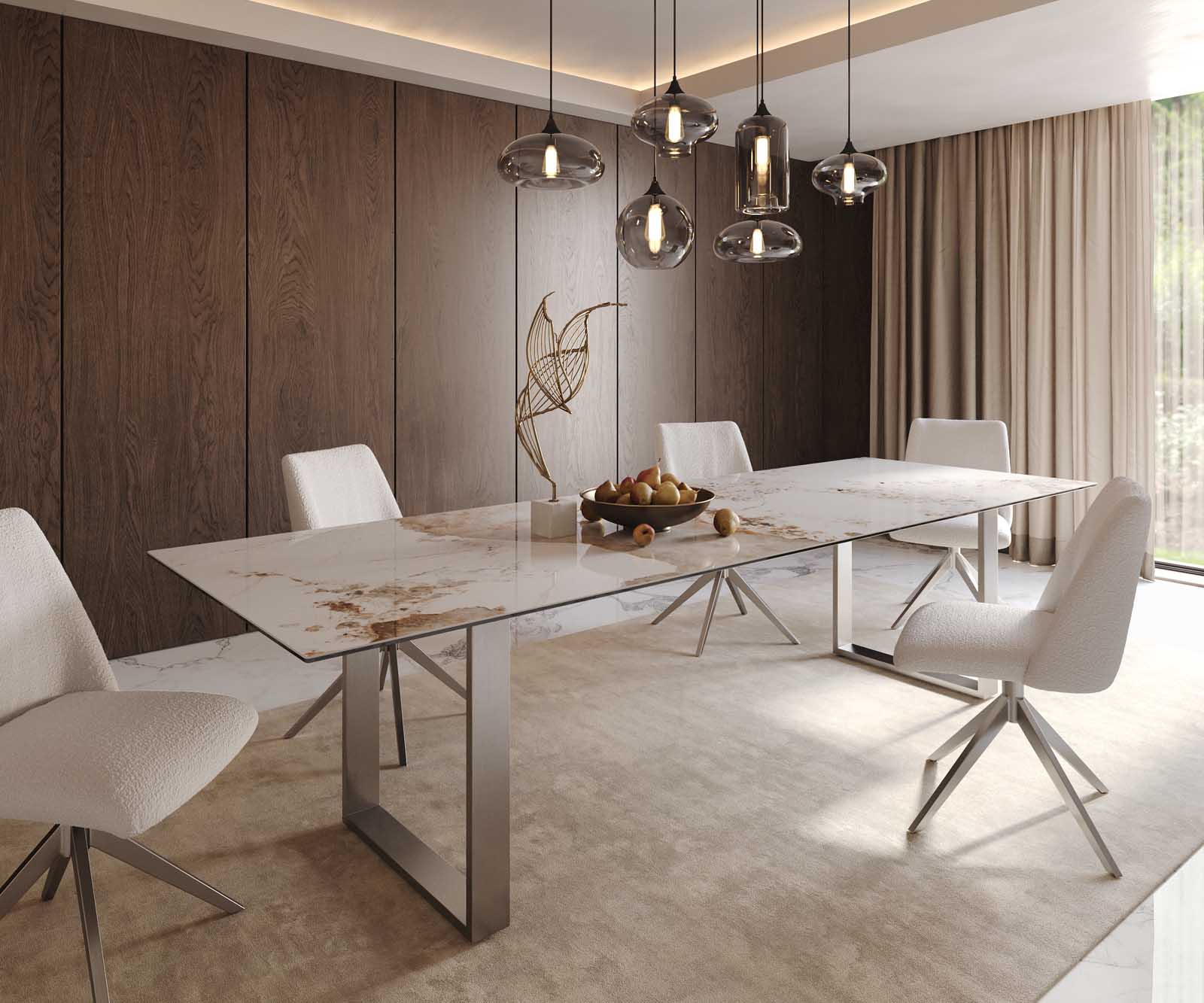 Dining Table Aurora 300x100cm Ceramic Beige Square Frame Slim Silver