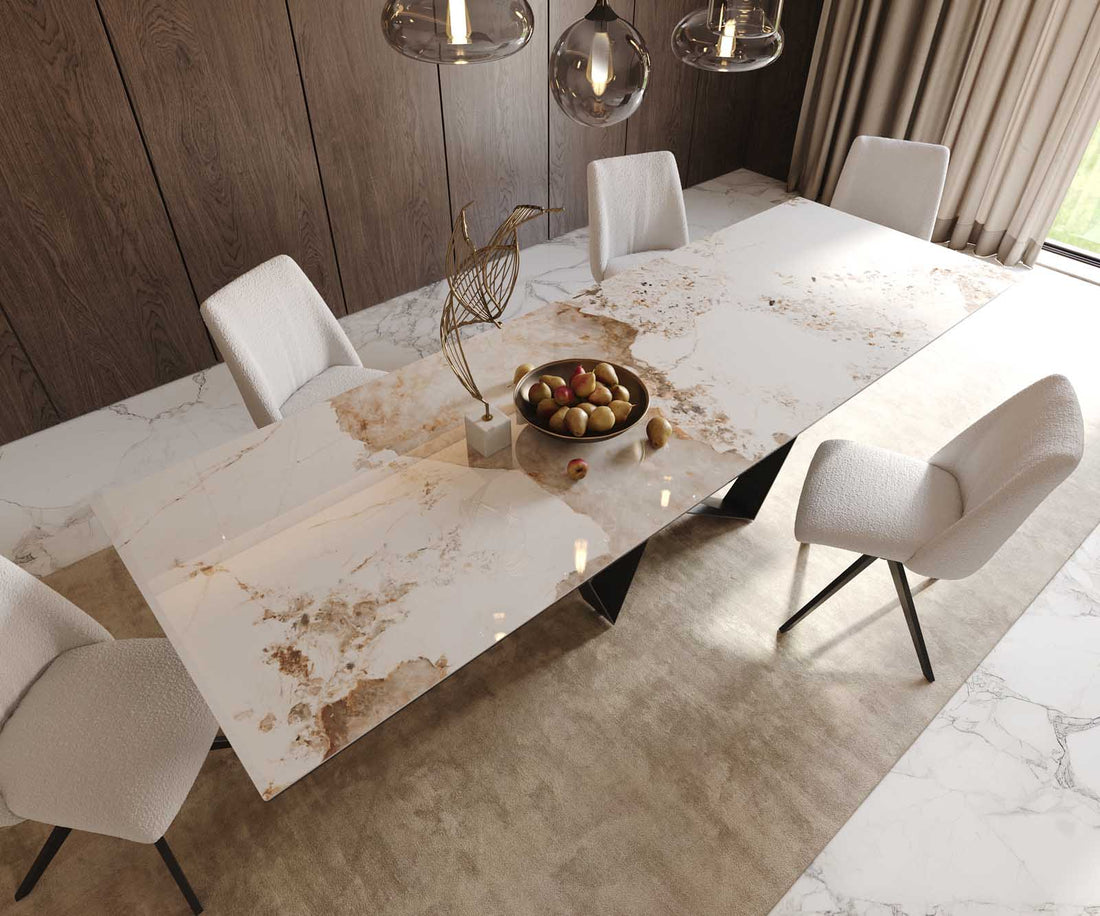 Dining Table Aurora 300x100cm Ceramic Calacatta Luxe Beige Spider Frame Black