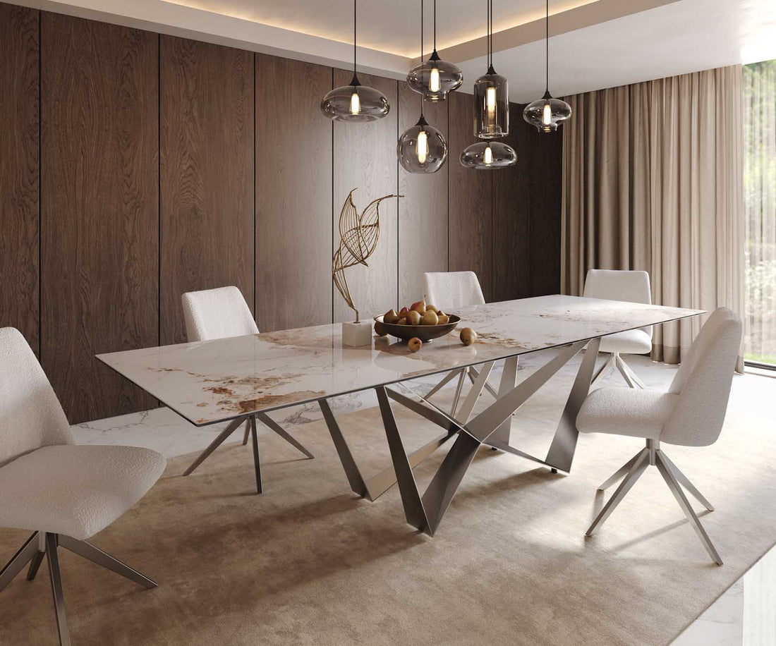 Dining Table Aurora 300x100cm Ceramic Calacatta Luxe Beige Spider Frame Silver