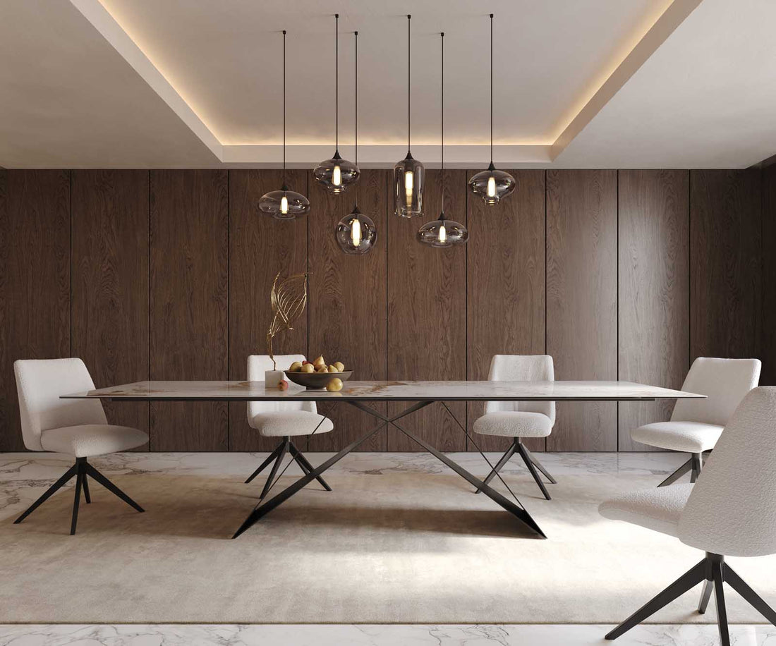 Dining Table Aurora 300x100cm Ceramic Calacatta Luxe Beige V-Frame Black