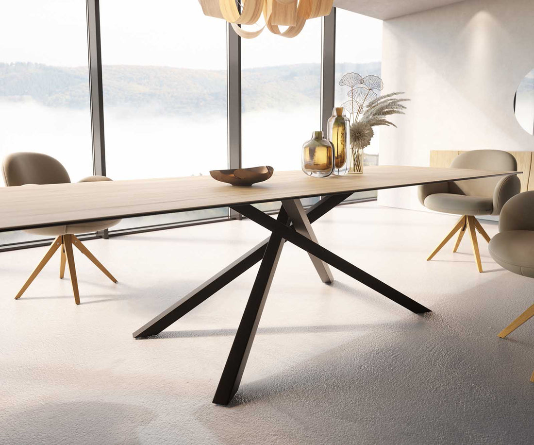 Dining Table Aurora 300x100cm Ceramic Sabbia Oak-Look Cross Frame Black