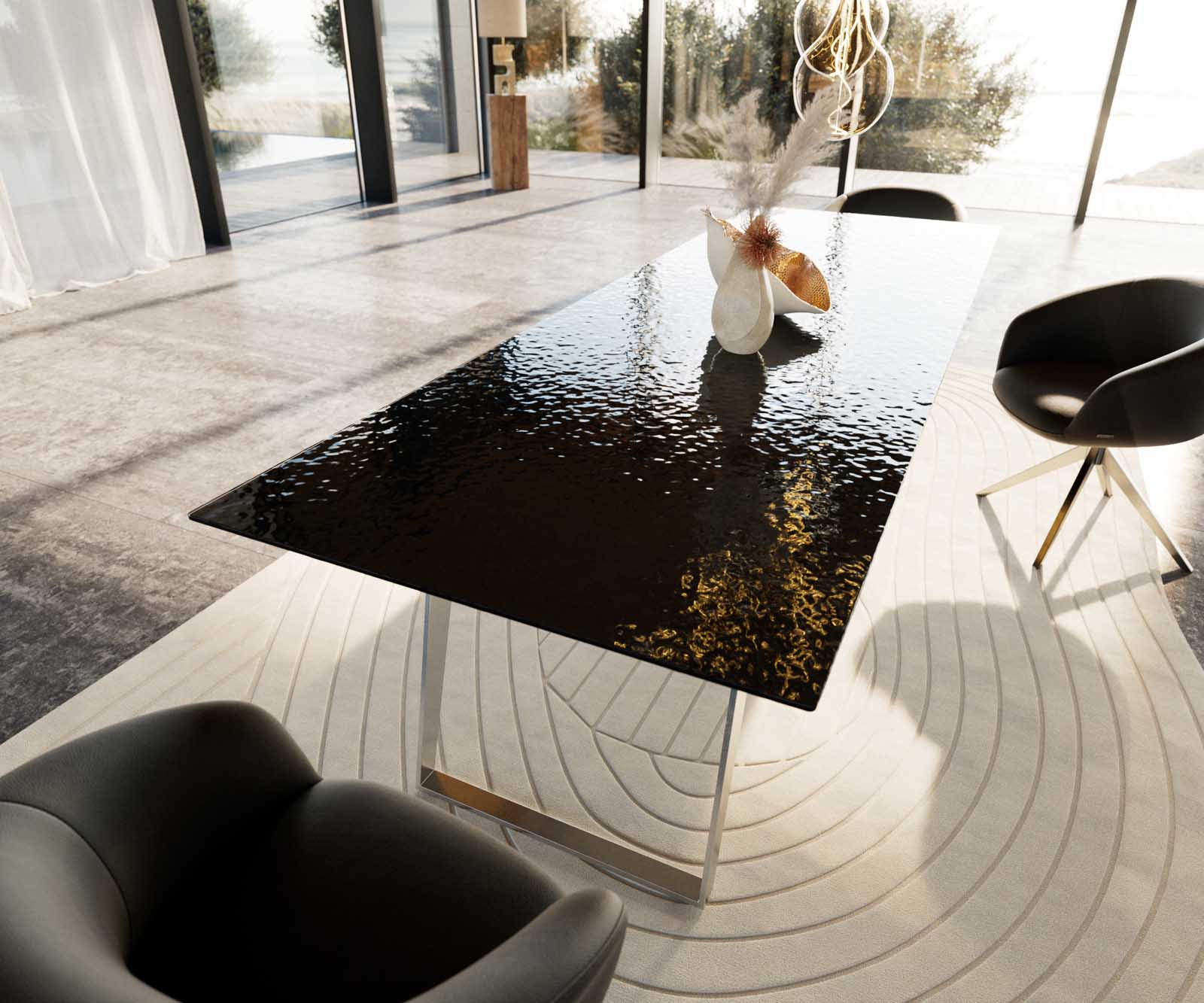 Dining Table Aurora 300x100cm Glass Black Slanted Frame Silver