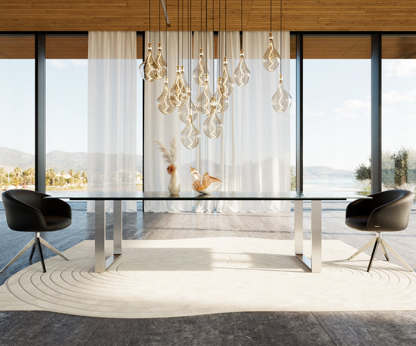 Dining Table Aurora Ceramic 300cm Glass Relief Square Frame Slim Steel
