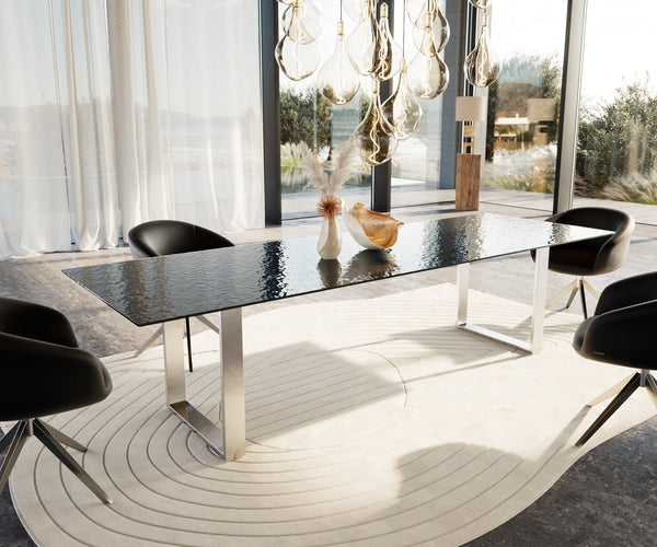 Dining Table Aurora Ceramic 300cm Glass Relief Square Frame Slim Steel