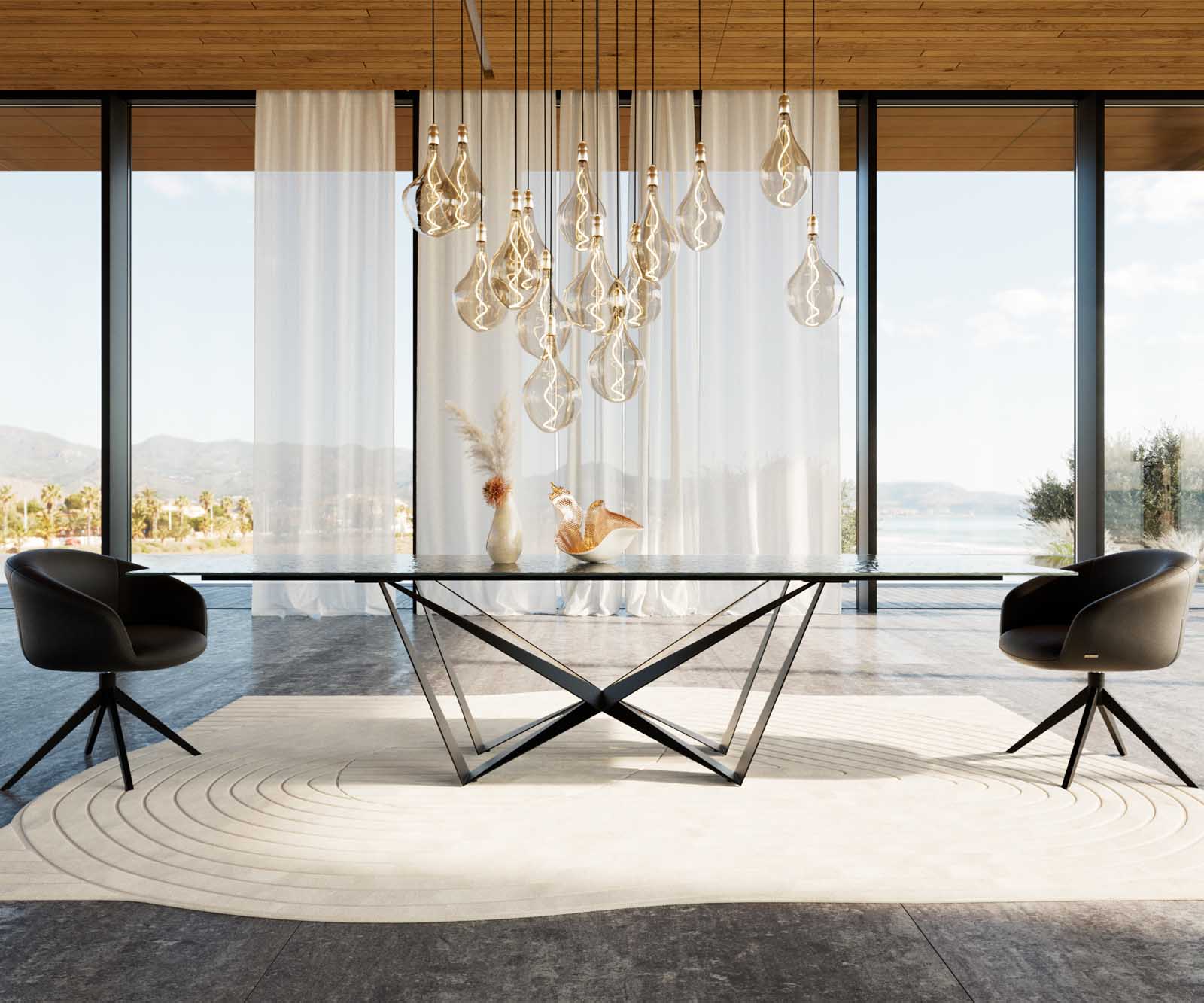 Dining Table Aurora 300x100cm Glass Black Spider Frame Black