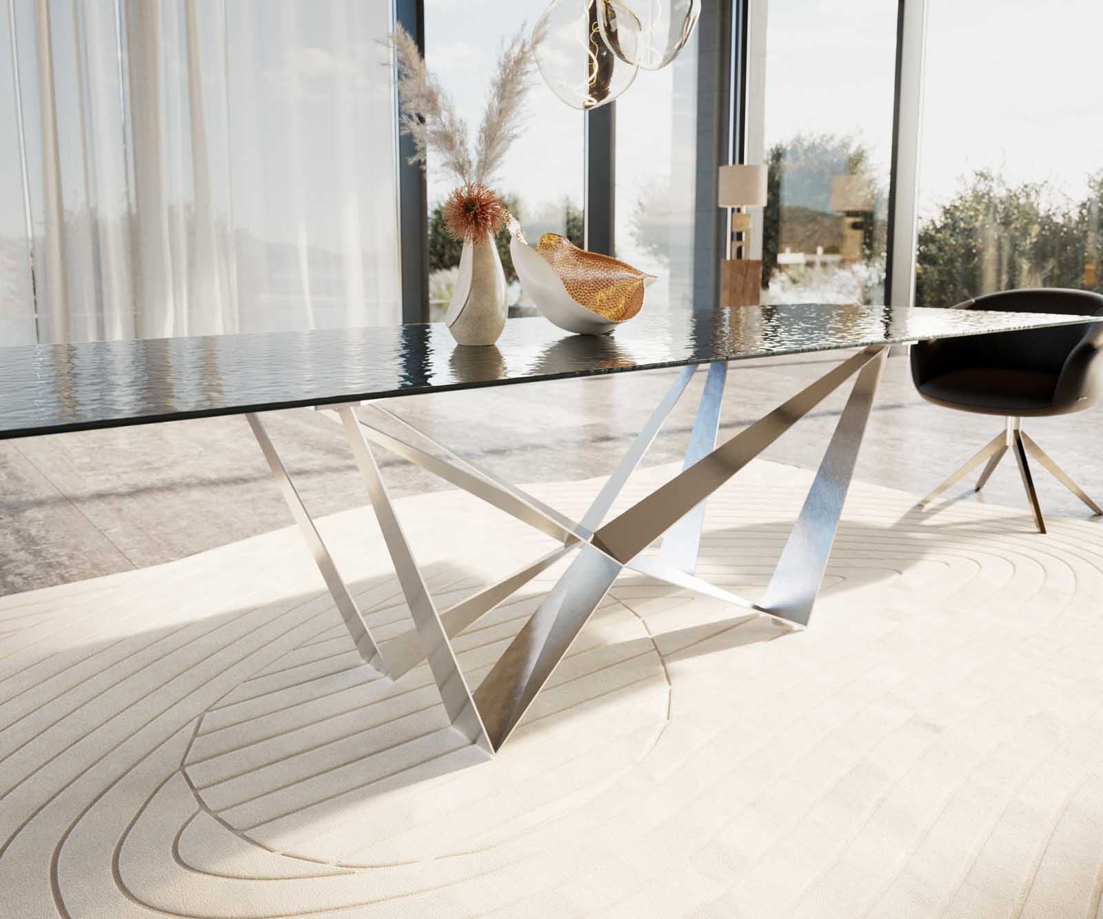 Dining Table Aurora 300x100cm Glass Black Spider Frame Silver