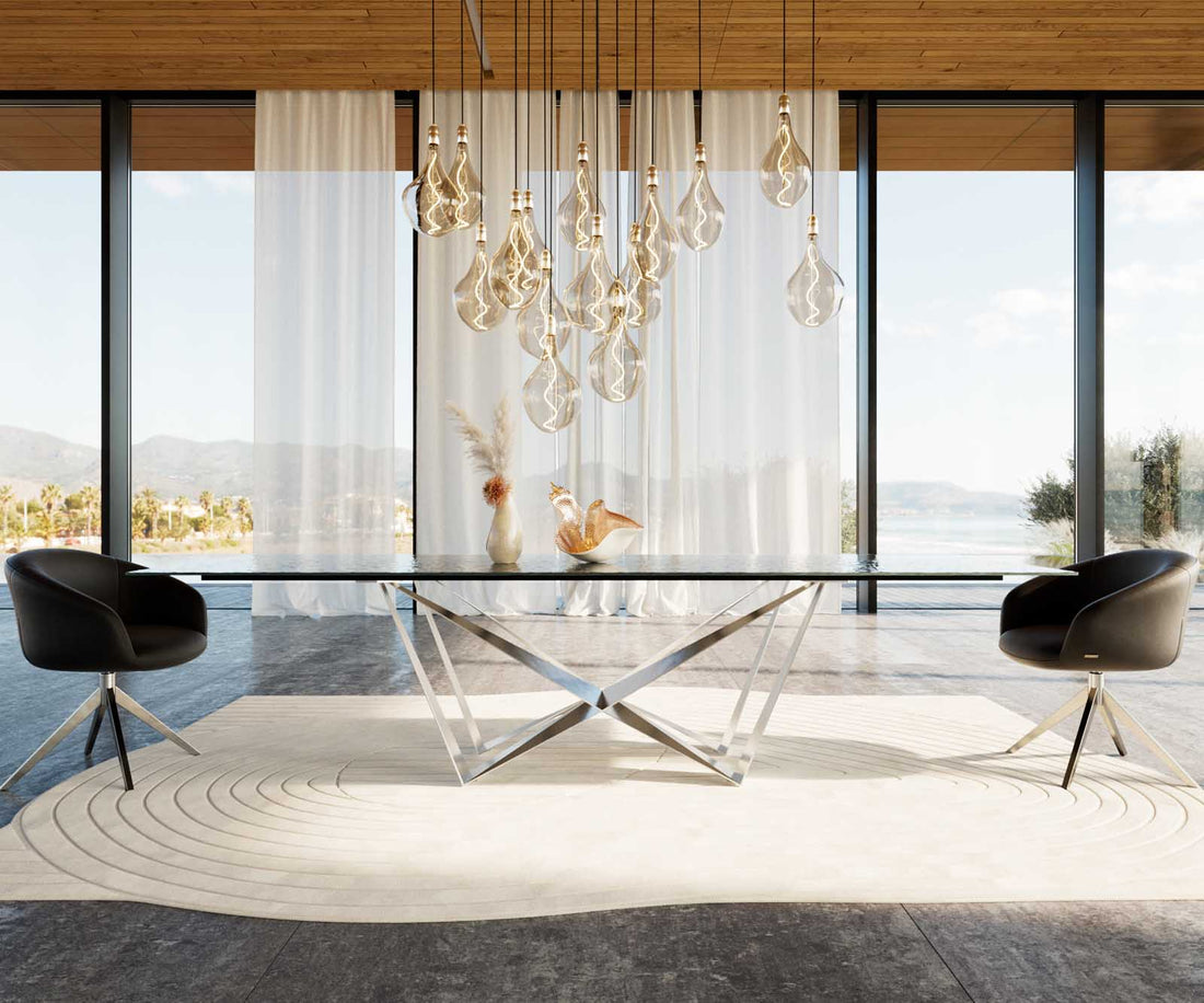 Dining Table Aurora 300x100cm Glass Black Spider Frame Silver