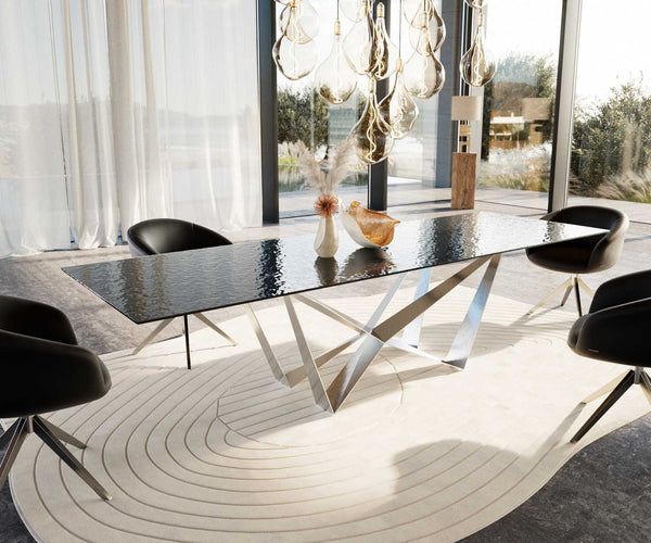 Dining Table Aurora 300x100cm Glass Black Spider Frame Silver