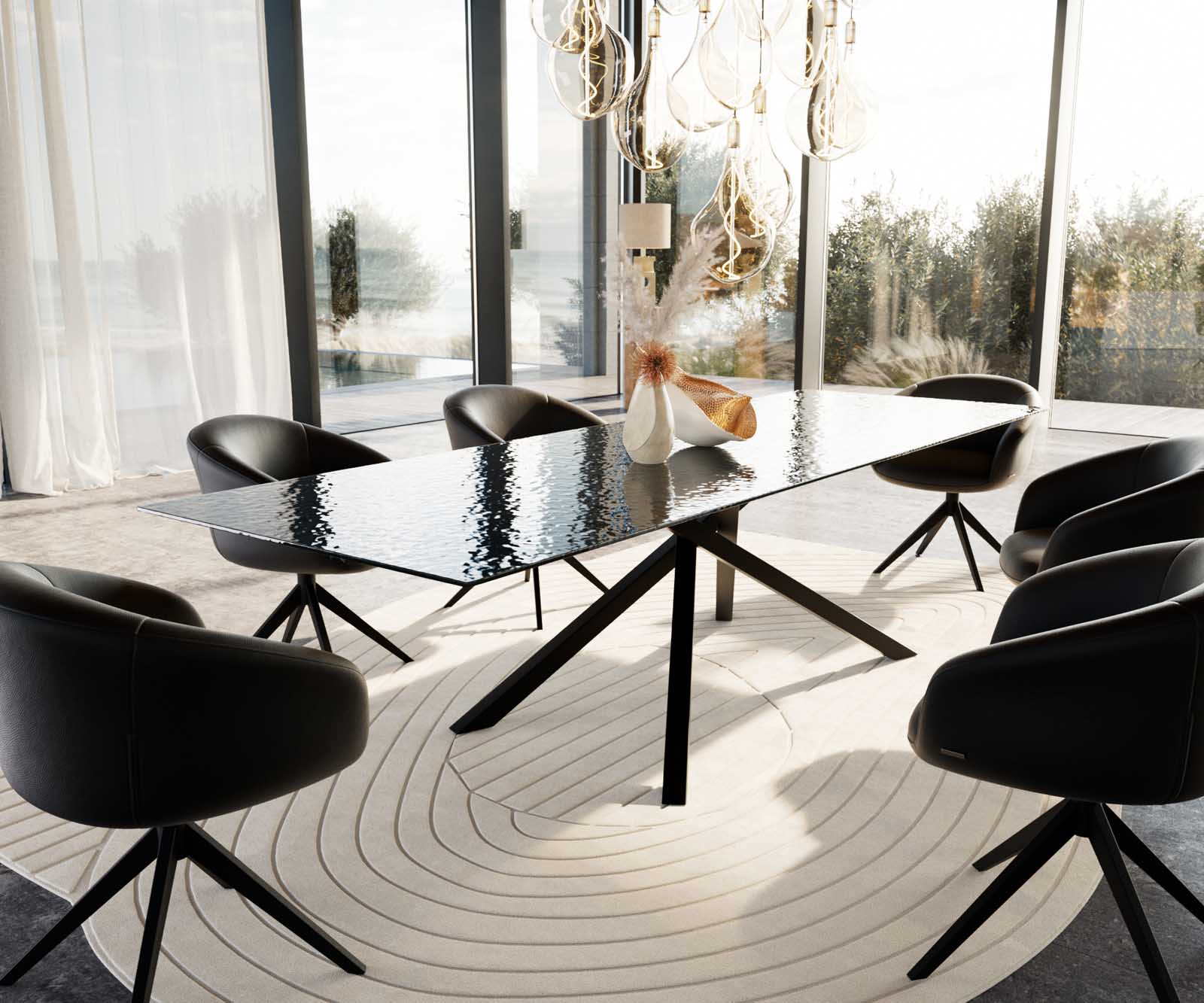 Dining Table Aurora 300x100cm Glass Black Cross Frame Black