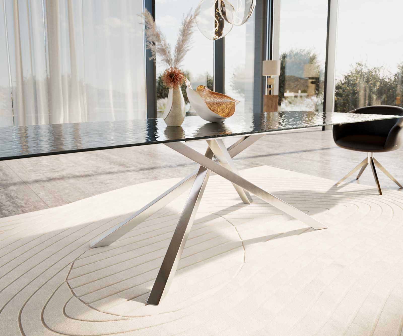 Dining Table Aurora 300x100cm Glass Black Cross Frame Silver