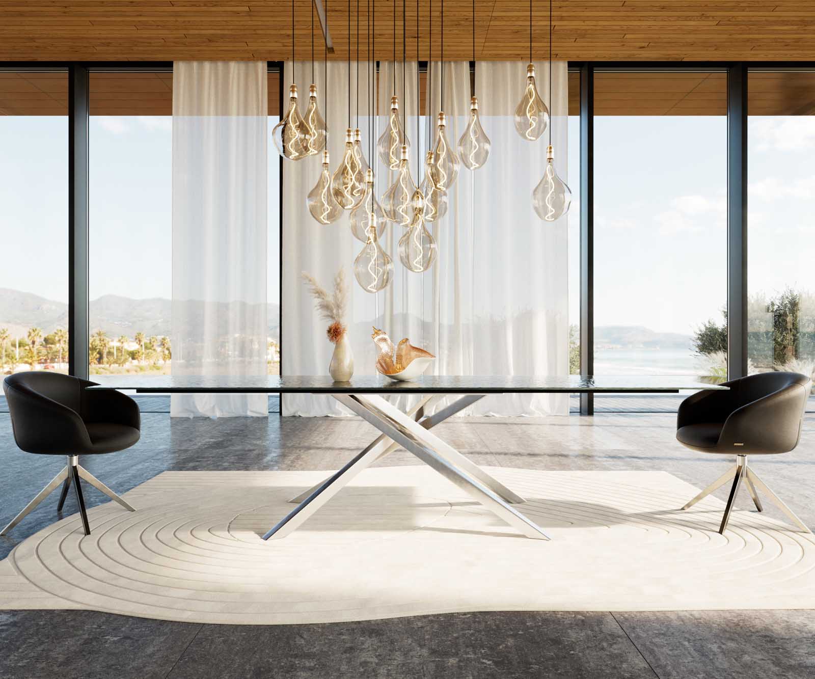 Dining Table Aurora 300x100cm Glass Black Cross Frame Silver
