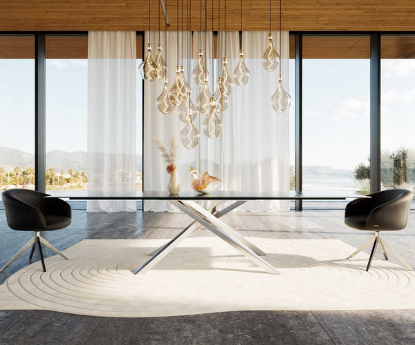 Dining Table Aurora 300x100cm Glass Black Cross Frame Silver