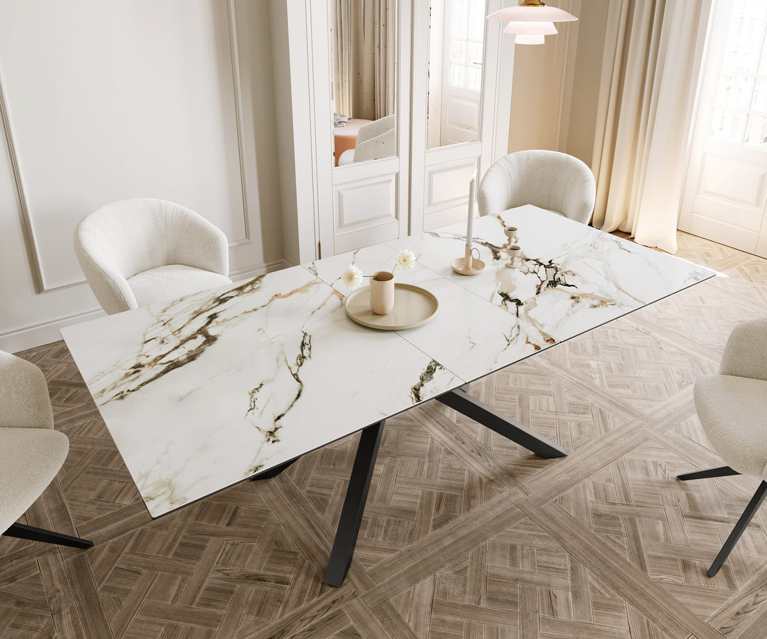 Extendable Dining Table Aurora 180-220cm Ceramic Calacatta Luxe Gold Cross Frame Black