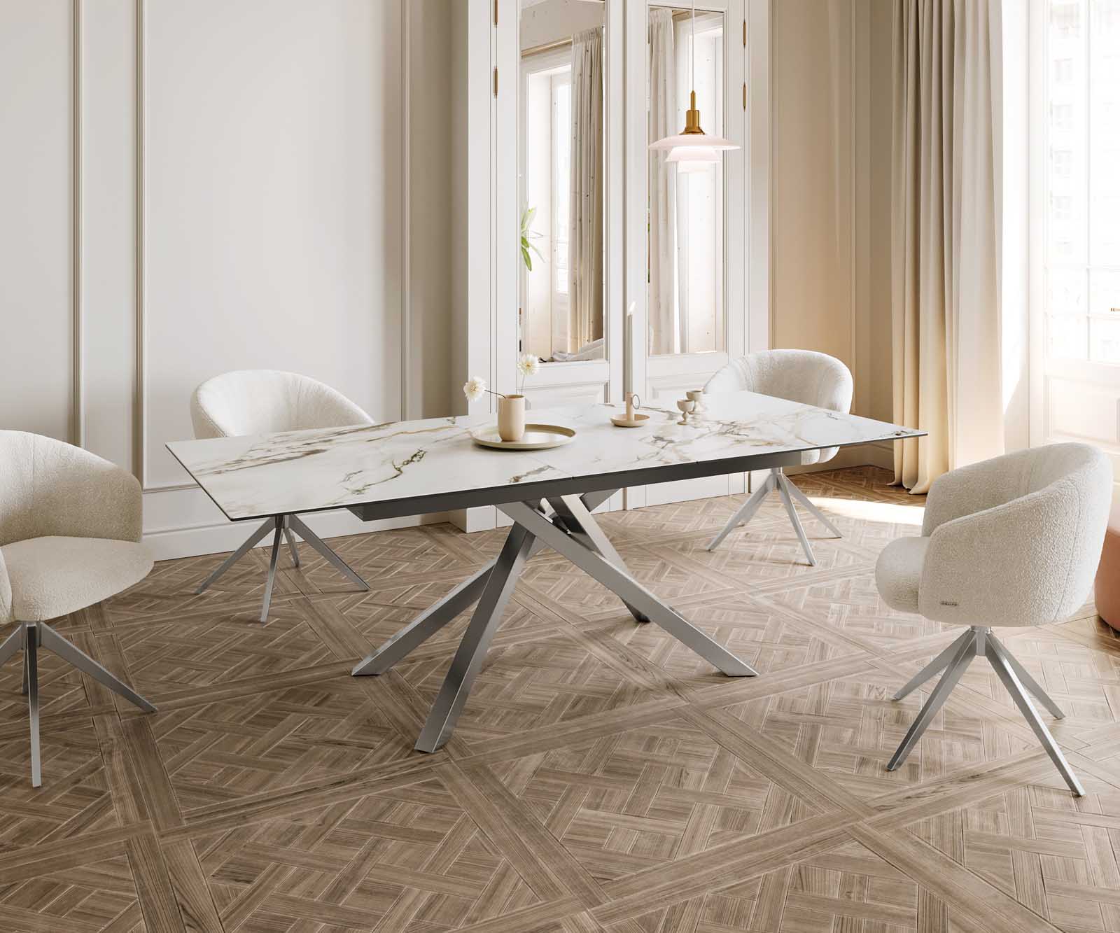 Dining Table Aurora 180-220x100cm Ceramic Gold Cross Frame Silver